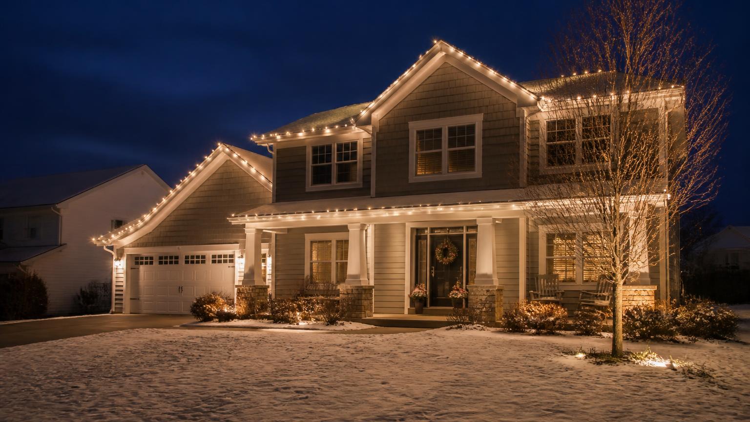 Suburban home at night outlined with warm white Christmas lights