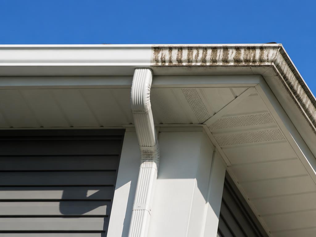 White aluminum gutters, one section clean and one section dirty with tiger stripes